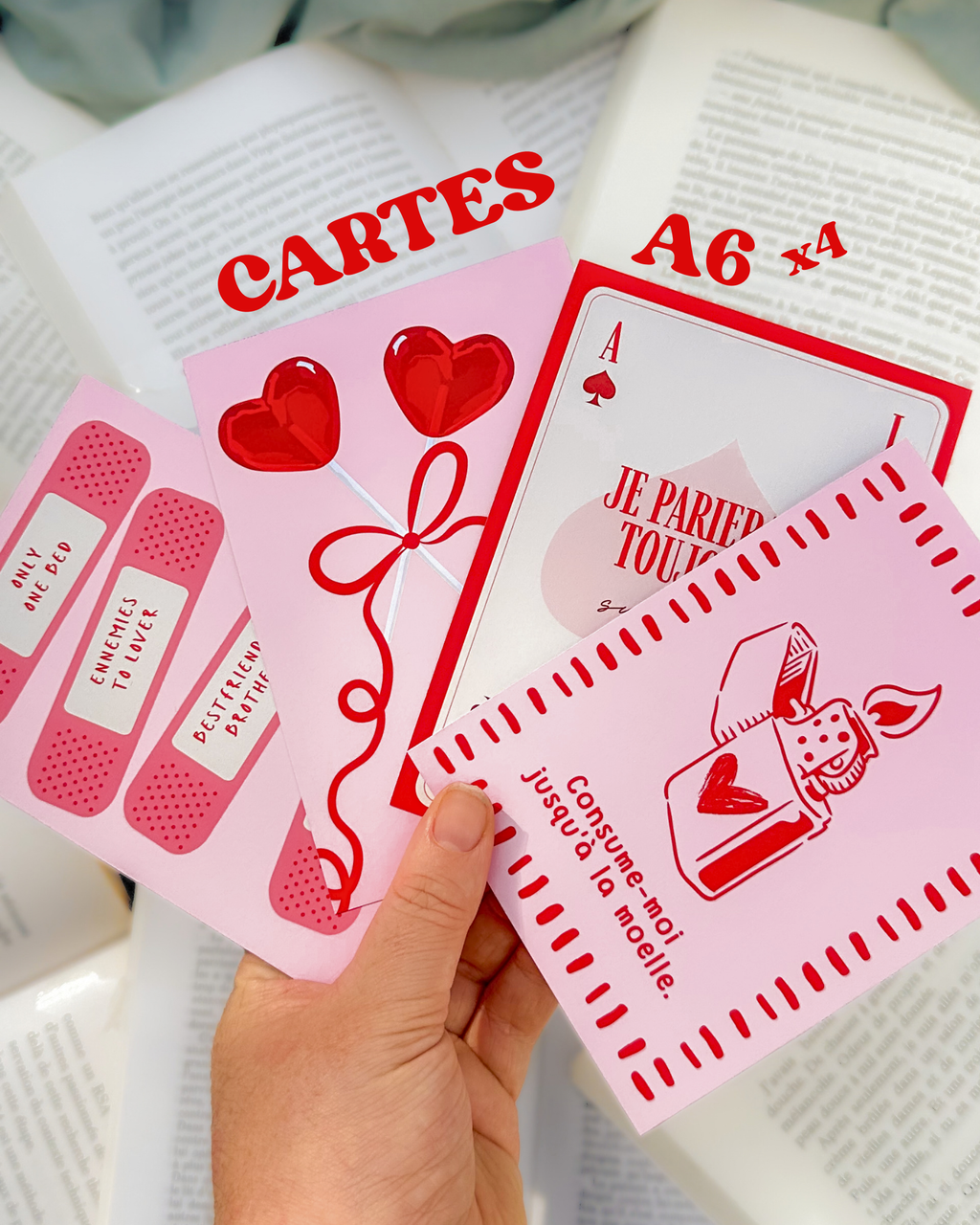 Lot de 4 cartes illustrées ❤️ Romance & Book Lover - ROUGE